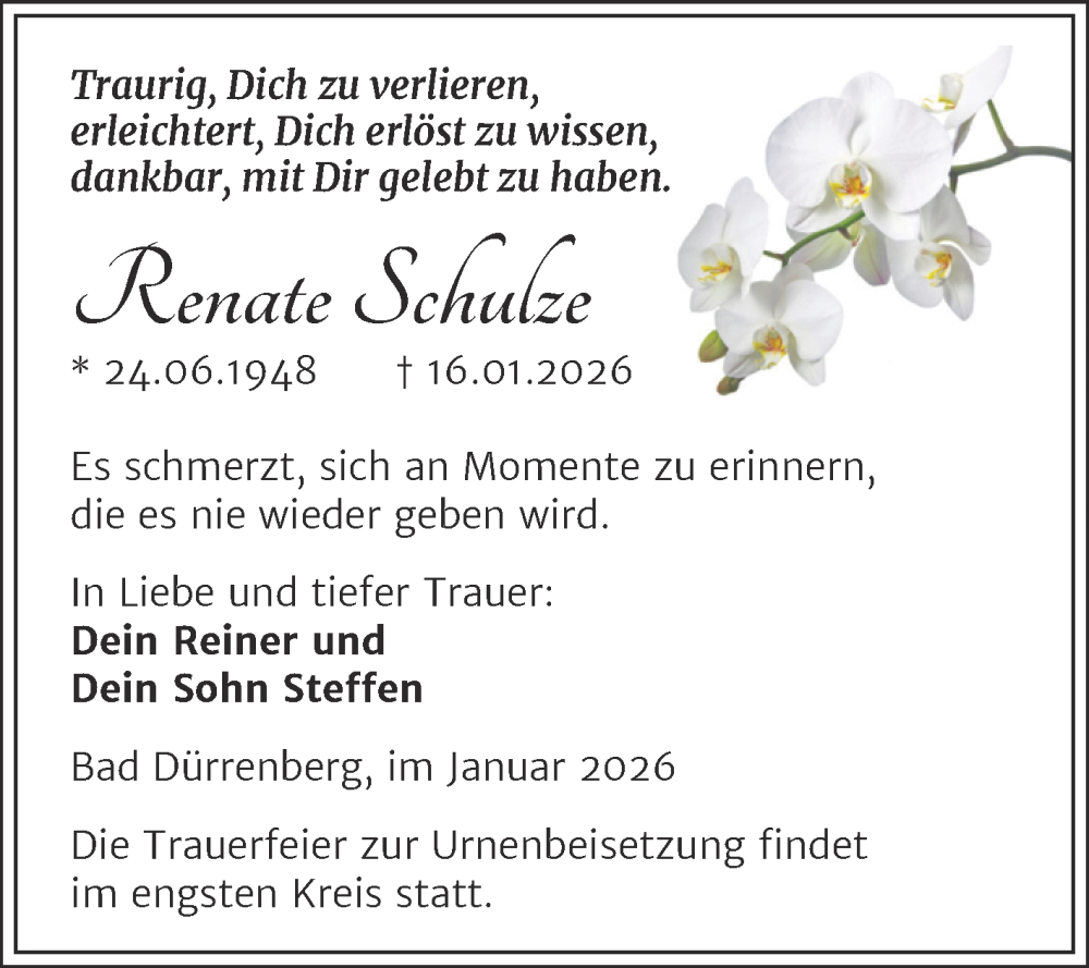  Traueranzeige für Renate Schulze vom 24.01.2026 aus Trauerkombi Merseburg