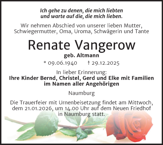 Traueranzeige von Renate Vangerow von Naumburger Tageblatt