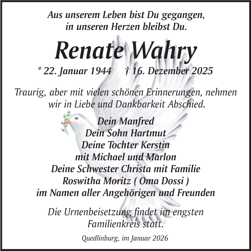  Traueranzeige für Renate Wahry vom 03.01.2026 aus Trauerkombi Quedlinburg