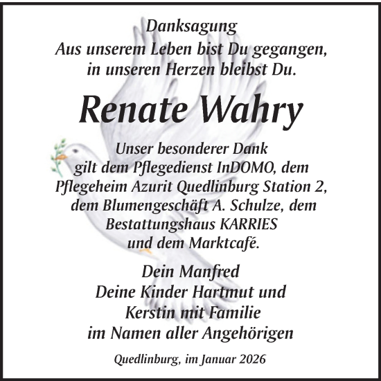 Traueranzeige von Renate Wahry von Super Sonntag Quedlingburg