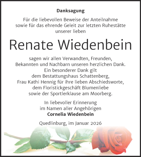 Traueranzeige von Renate Wiedenbein von Trauerkombi Quedlinburg
