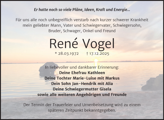Traueranzeige von René Vogel von Trauerkombi Köthen