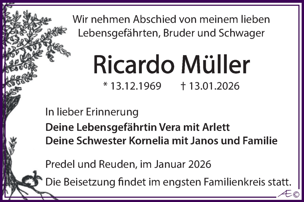  Traueranzeige für Ricardo Müller vom 17.01.2026 aus Trauerkombi Zeitz