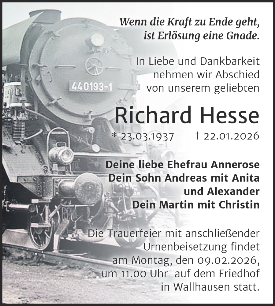  Traueranzeige für Richard Hesse vom 31.01.2026 aus Trauerkombi Sangerhausen