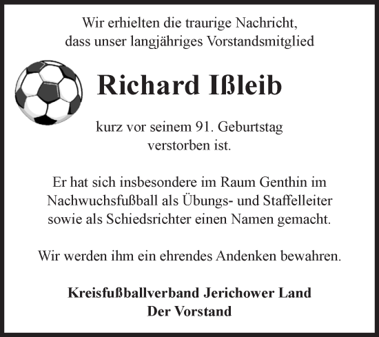 Traueranzeige von Richard Ißleib von Volksstimme Burg/Genthin