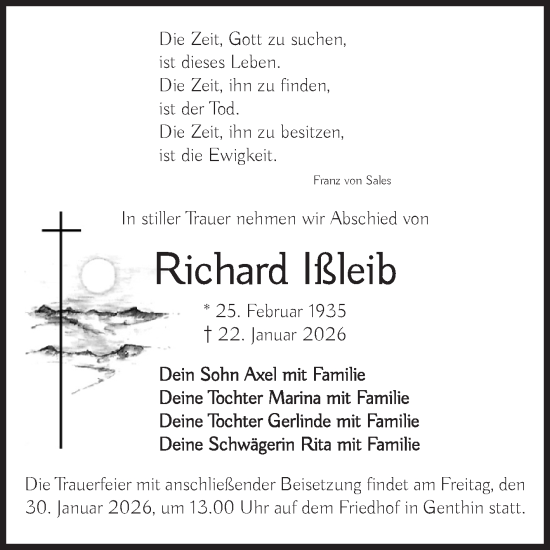 Traueranzeige von Richard Ißleib von Volksstimme Burg/Genthin