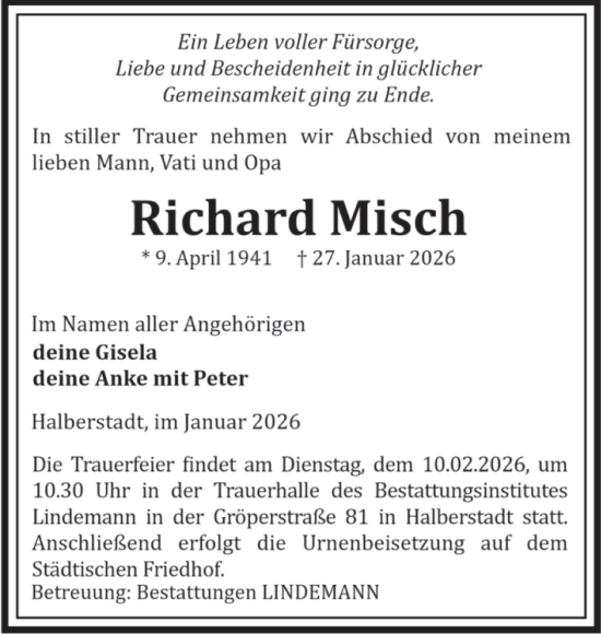 Traueranzeige von Richard Misch von Volksstimme Halberstadt