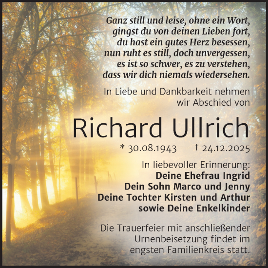 Traueranzeige von Richard Ullrich von Trauerkombi Quedlinburg