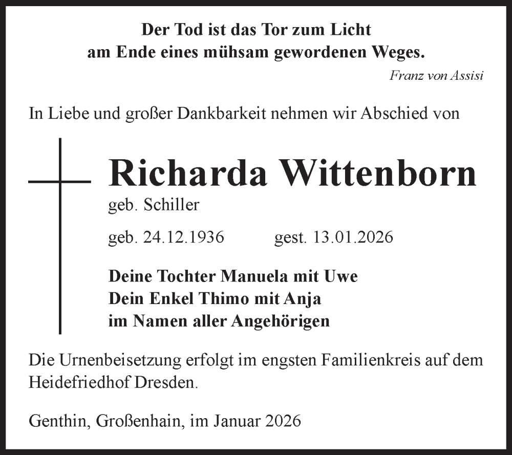  Traueranzeige für Richarda Wittenborn vom 24.01.2026 aus Volksstimme Burg/Genthin