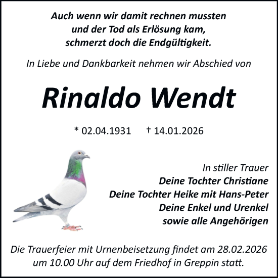 Traueranzeige von Rinaldo Wendt von Trauerkombi Bitterfeld