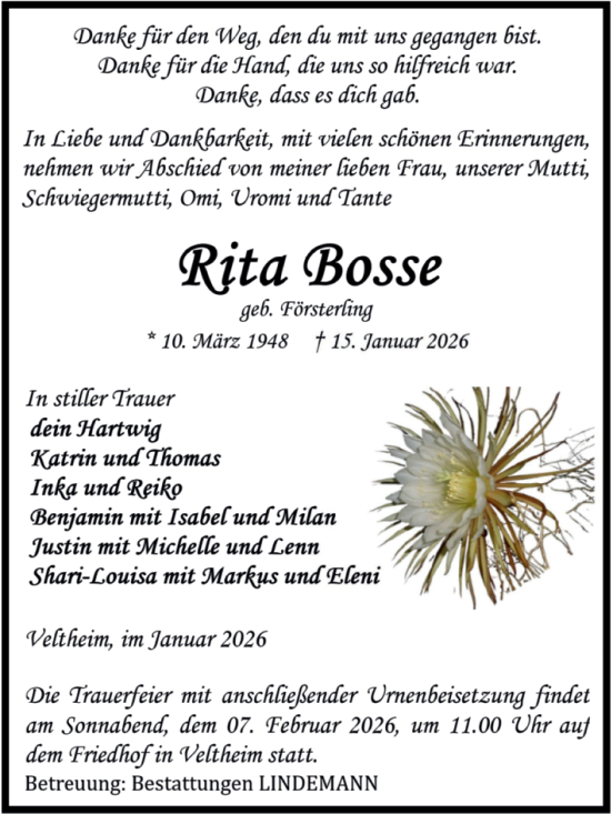 Traueranzeige von Rita Bosse von Volksstimme Wernigerode