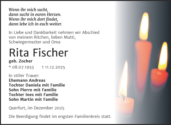 Traueranzeige von Rita Fischer von Trauerkombi Merseburg