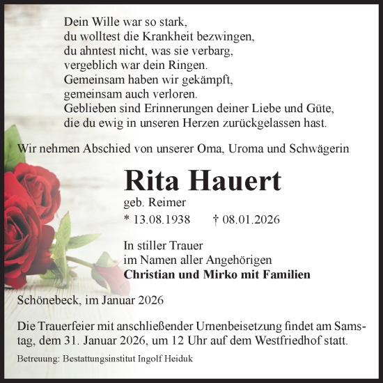 Traueranzeige von Rita Hauert von Volksstimme Schönebeck