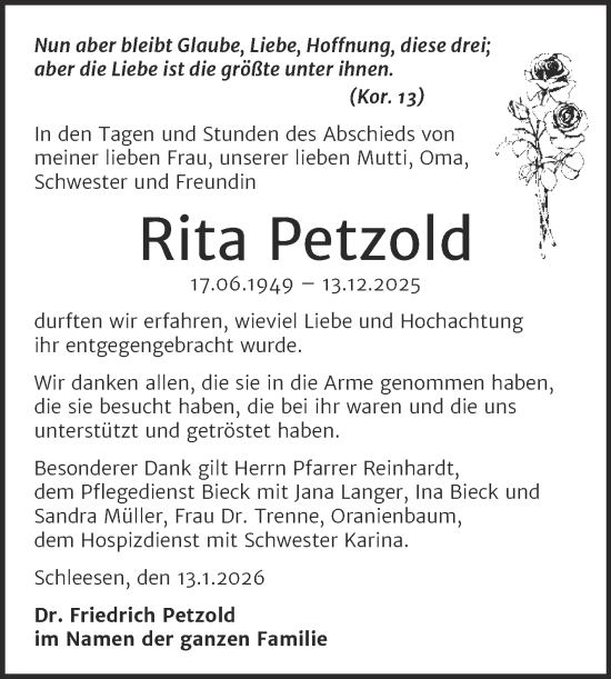 Traueranzeige von Rita Petzold von Trauerkombi Wittenberg