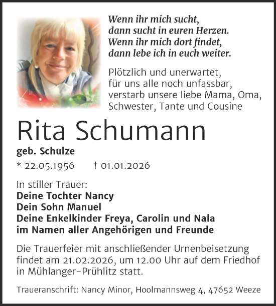 Traueranzeige von Rita Schumann von Trauerkombi Wittenberg