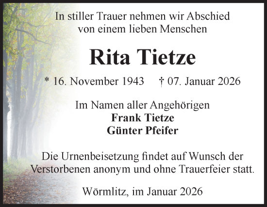 Traueranzeige von Rita Tietze von Volksstimme Burg/Genthin