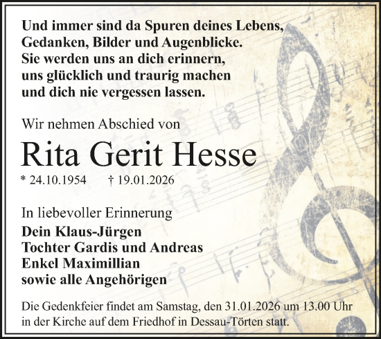 Traueranzeige von Rita Gerit Hesse von Mitteldeutsche Zeitung Dessau-Roßlau