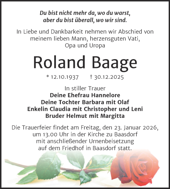 Traueranzeige von Roland Baage von Trauerkombi Köthen