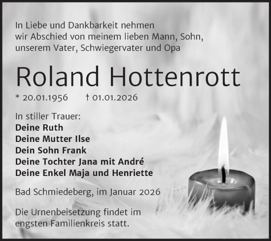 Traueranzeige von Roland Hottenrott von Trauerkombi Wittenberg