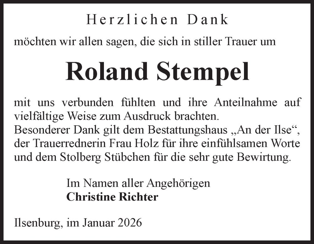  Traueranzeige für Roland Stempel vom 17.01.2026 aus Volksstimme Wernigerode