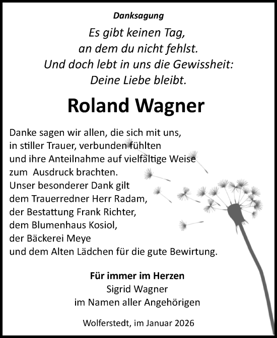 Traueranzeige von Roland Wagner von Trauerkombi Sangerhausen