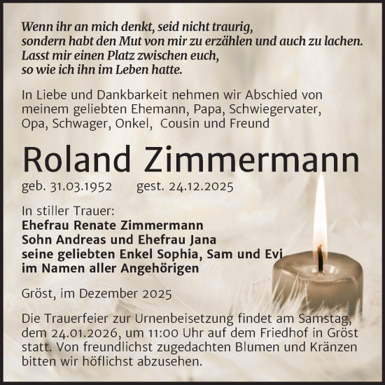 Traueranzeige von Roland Zimmermann von Trauerkombi Merseburg