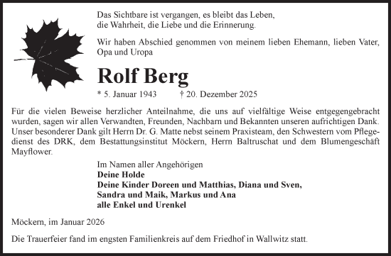 Traueranzeige von Rolf Berg 