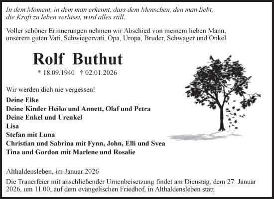 Traueranzeige von Rolf Buthut von Volksstimme Haldensleben/Wolmirstedt