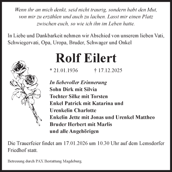Traueranzeige von Rolf Eilert von Volksstimme Magdeburg
