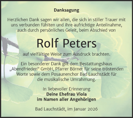 Traueranzeige von Rolf Peters von Trauerkombi Merseburg