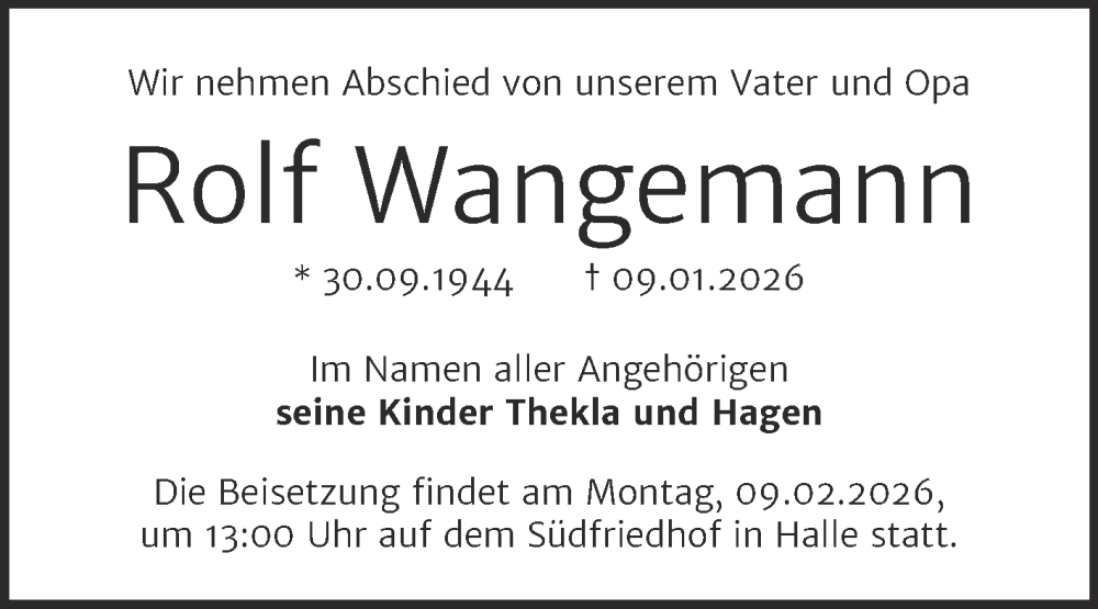  Traueranzeige für Rolf Wangemann vom 24.01.2026 aus Mitteldeutsche Zeitung Halle/Saalkreis