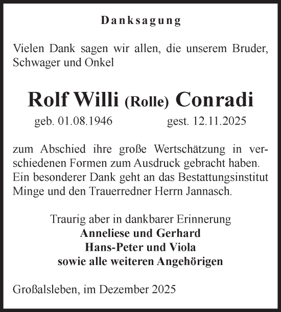 Traueranzeige von Rolf Willi Conradi von Volksstimme Oschersleben/Wanzleben