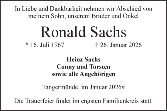 Traueranzeige von Ronald Sachs von Volksstimme Altmark Ost