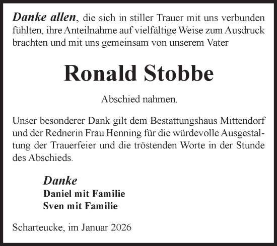 Traueranzeige von Ronald Stobbe von Volksstimme Burg/Genthin