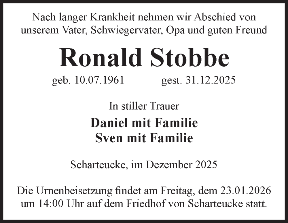  Traueranzeige für Ronald Stobbe vom 10.01.2026 aus Volksstimme Burg/Genthin