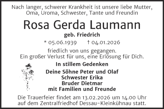 Traueranzeige von Rosa Gerda Laumann von Trauerkombi Dessau