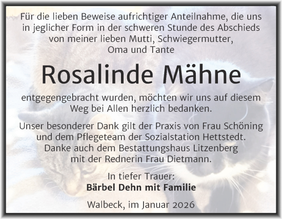 Traueranzeige von Rosalinde Mähne von Trauerkombi Mansfelder Land