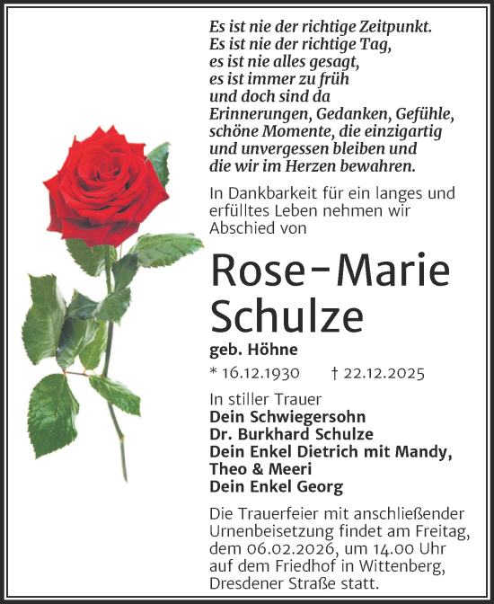 Traueranzeige von Rose-Marie Schulze von Trauerkombi Wittenberg