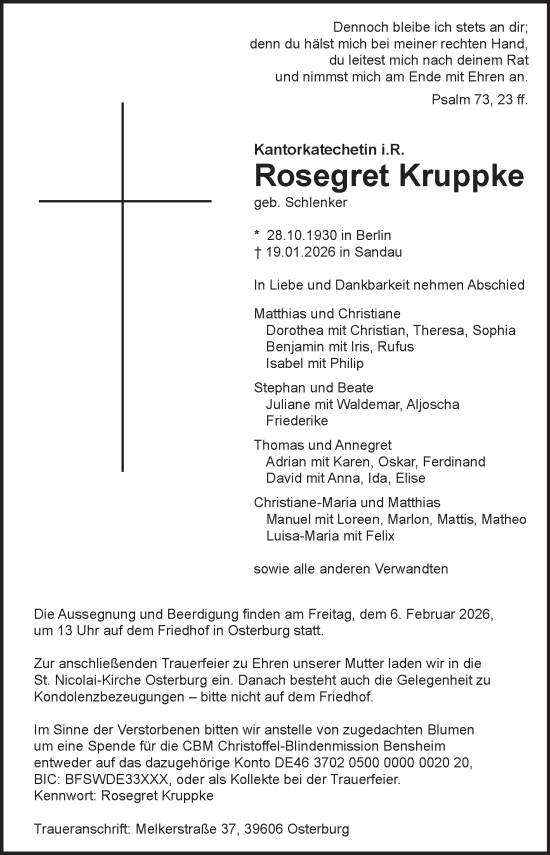 Traueranzeige von Rosegret Kruppke von Volksstimme Altmark Ost