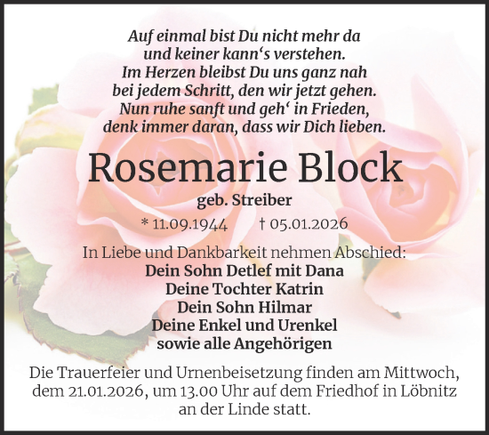 Traueranzeige von Rosemarie Block von Trauerkombi Köthen