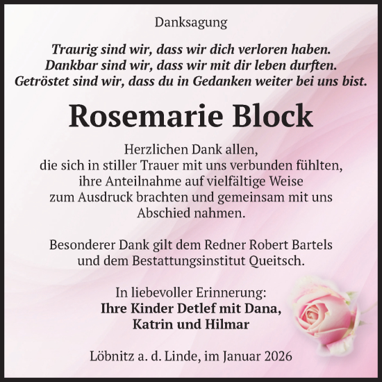 Traueranzeige von Rosemarie Block von Trauerkombi Köthen