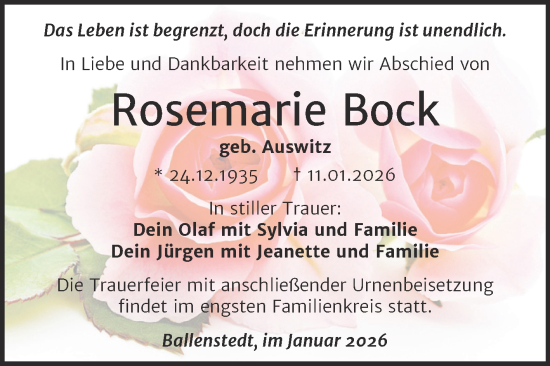 Traueranzeige von Rosemarie Bock von Trauerkombi Quedlinburg