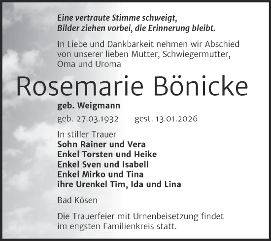 Traueranzeige von Rosemarie Bönicke von Super Sonntag Naumburg/Nebra