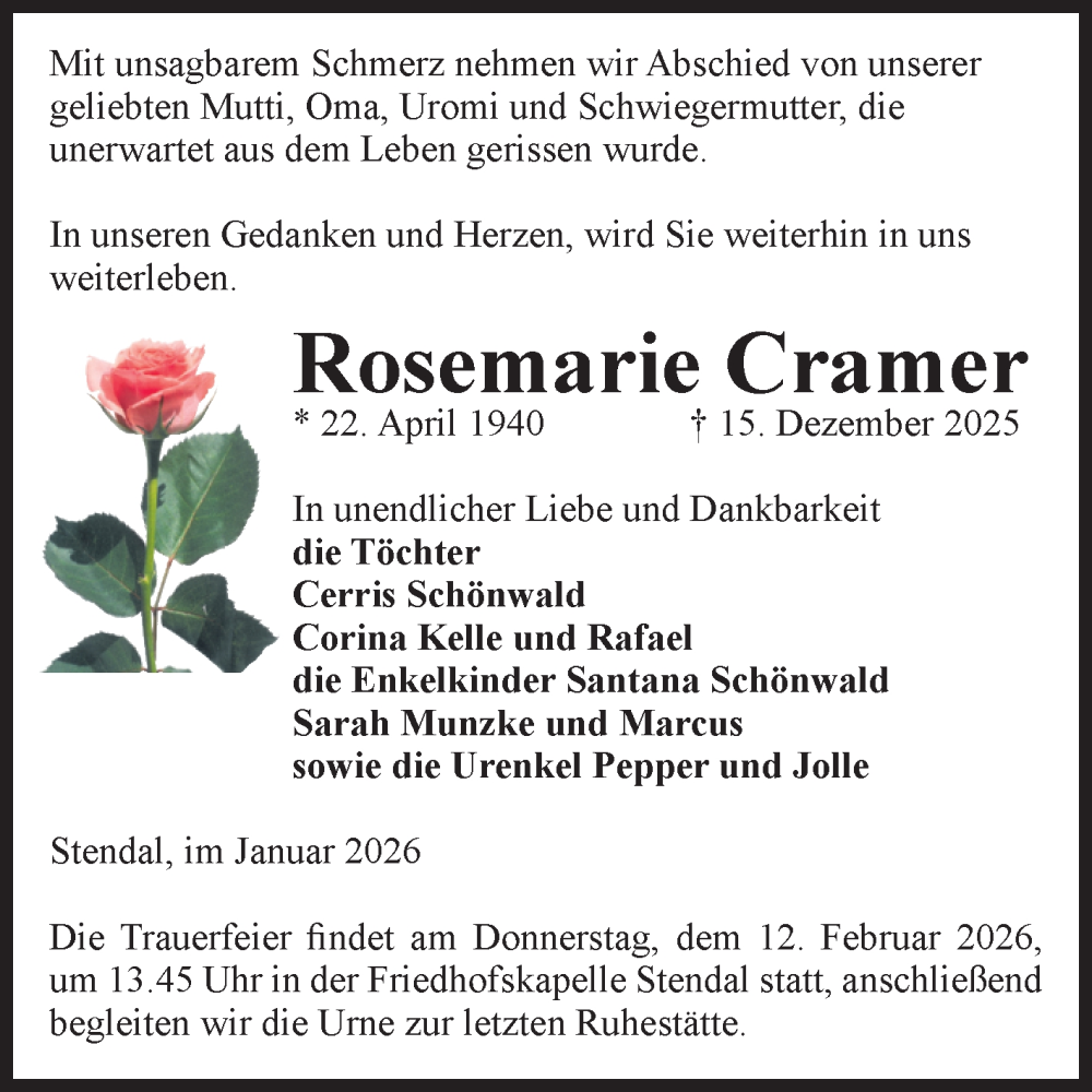  Traueranzeige für Rosemarie Cramer vom 24.01.2026 aus Volksstimme Altmark Ost