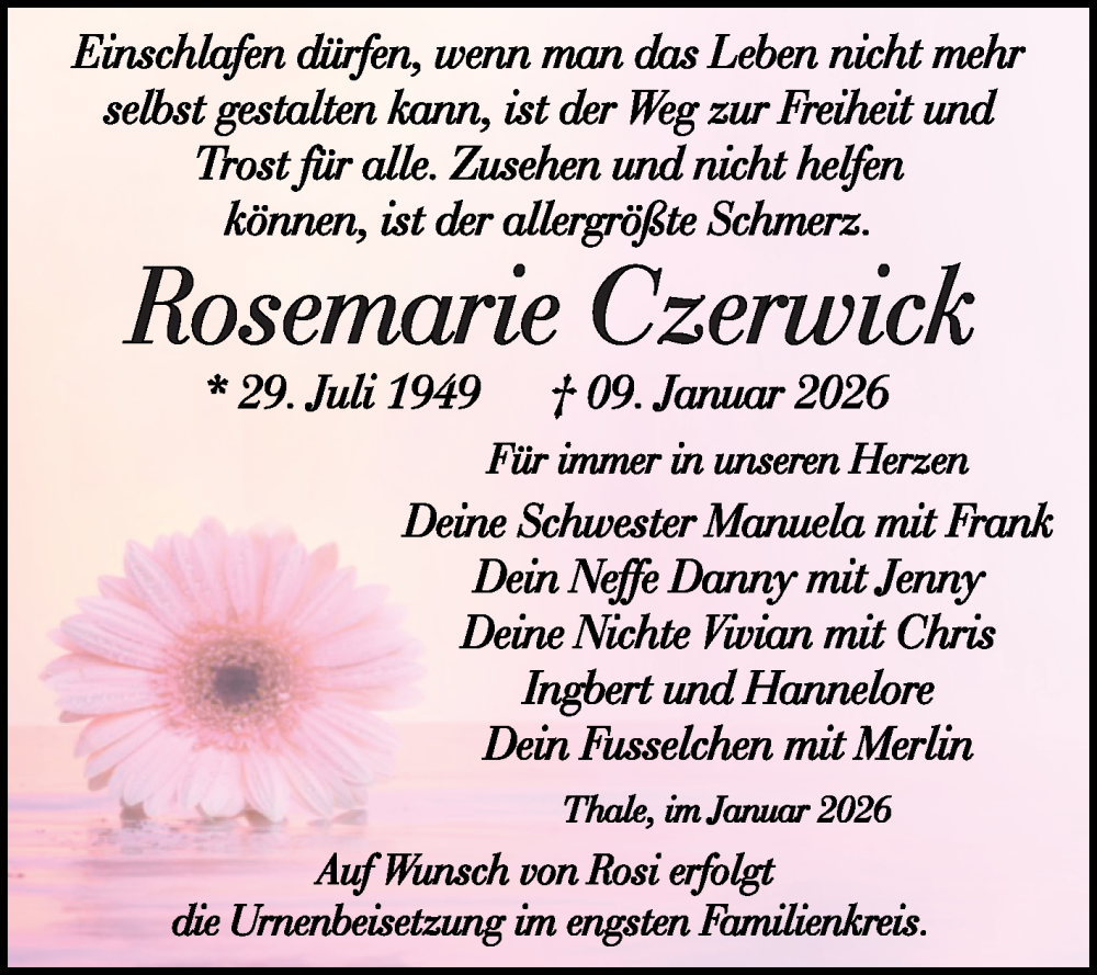  Traueranzeige für Rosemarie Czerwick vom 17.01.2026 aus Trauerkombi Quedlinburg