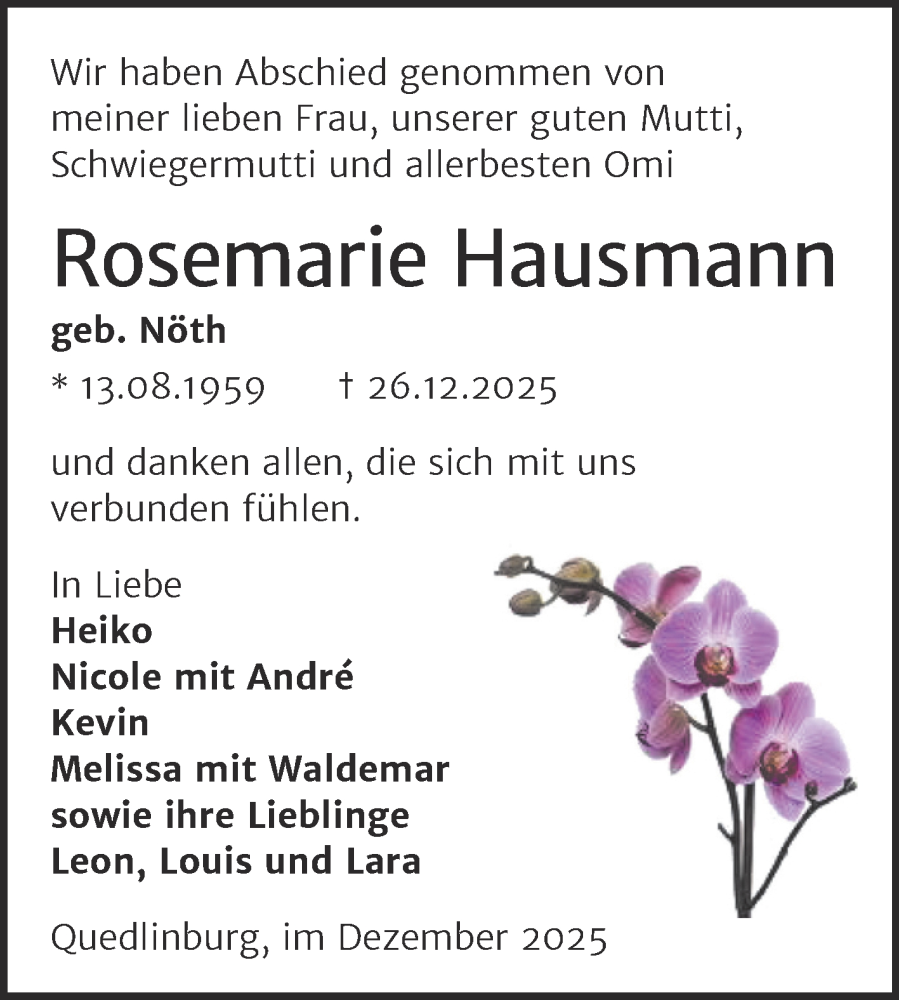  Traueranzeige für Rosemarie Hausmann vom 10.01.2026 aus Trauerkombi Quedlinburg