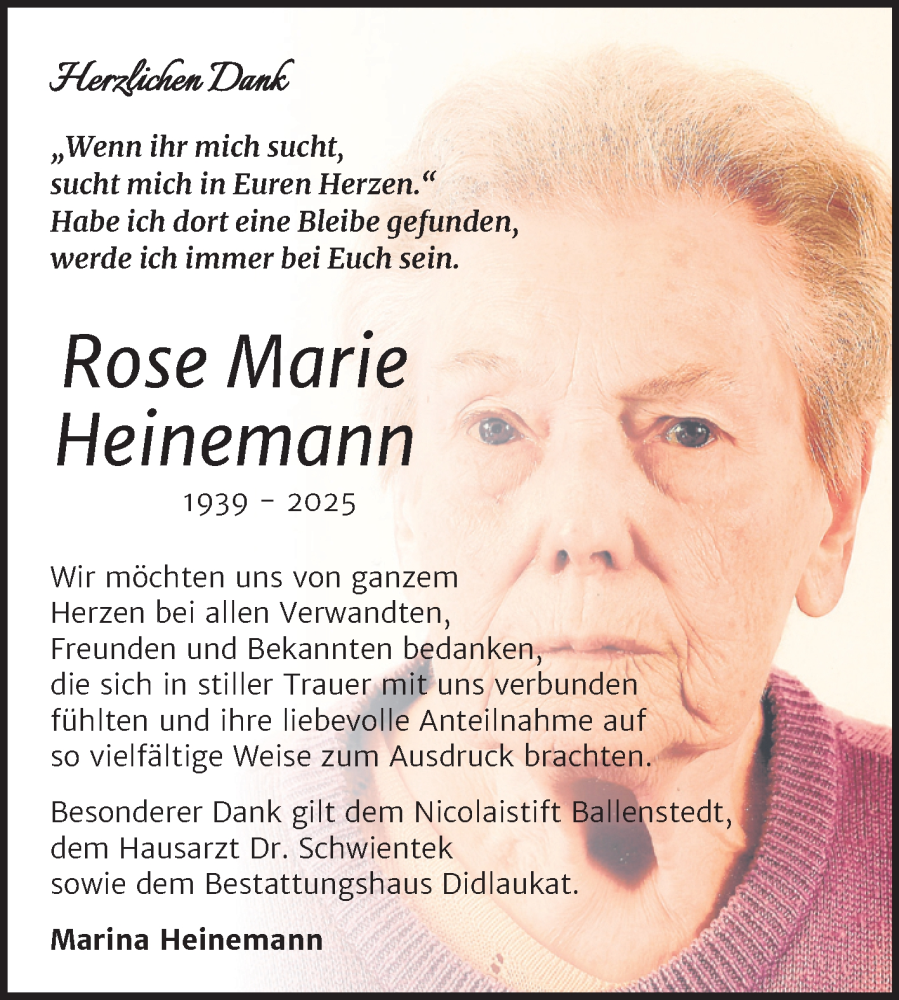  Traueranzeige für Rose Marie Heinemann vom 24.01.2026 aus Trauerkombi Quedlinburg