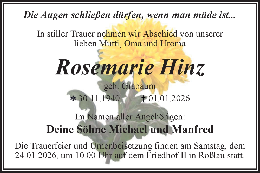  Traueranzeige für Rosemarie Hinz vom 17.01.2026 aus Trauerkombi Dessau