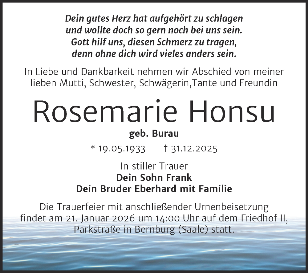  Traueranzeige für Rosemarie Honsu vom 17.01.2026 aus Trauerkombi Bernburg