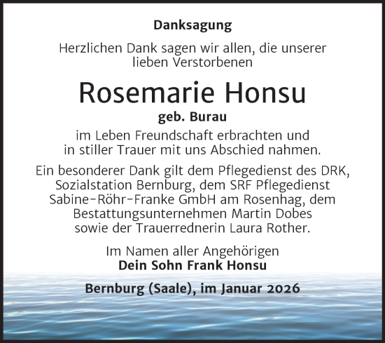 Traueranzeige von Rosemarie Honsu von Trauerkombi Bernburg